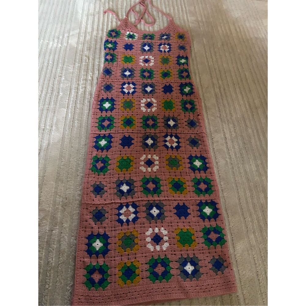 Forever 21 Crochet Granny Square Maxi Dress Pink Boho Festival Small - Picture 5 of 10